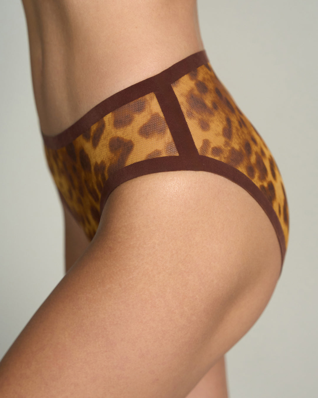 panthera print underwear with sheer panels on a neutral background