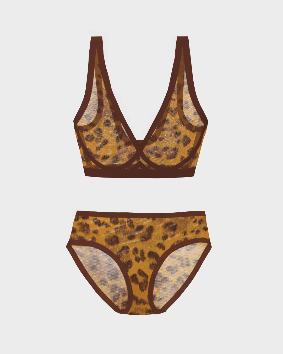 Panthera print bralette and panties set on a light gray background