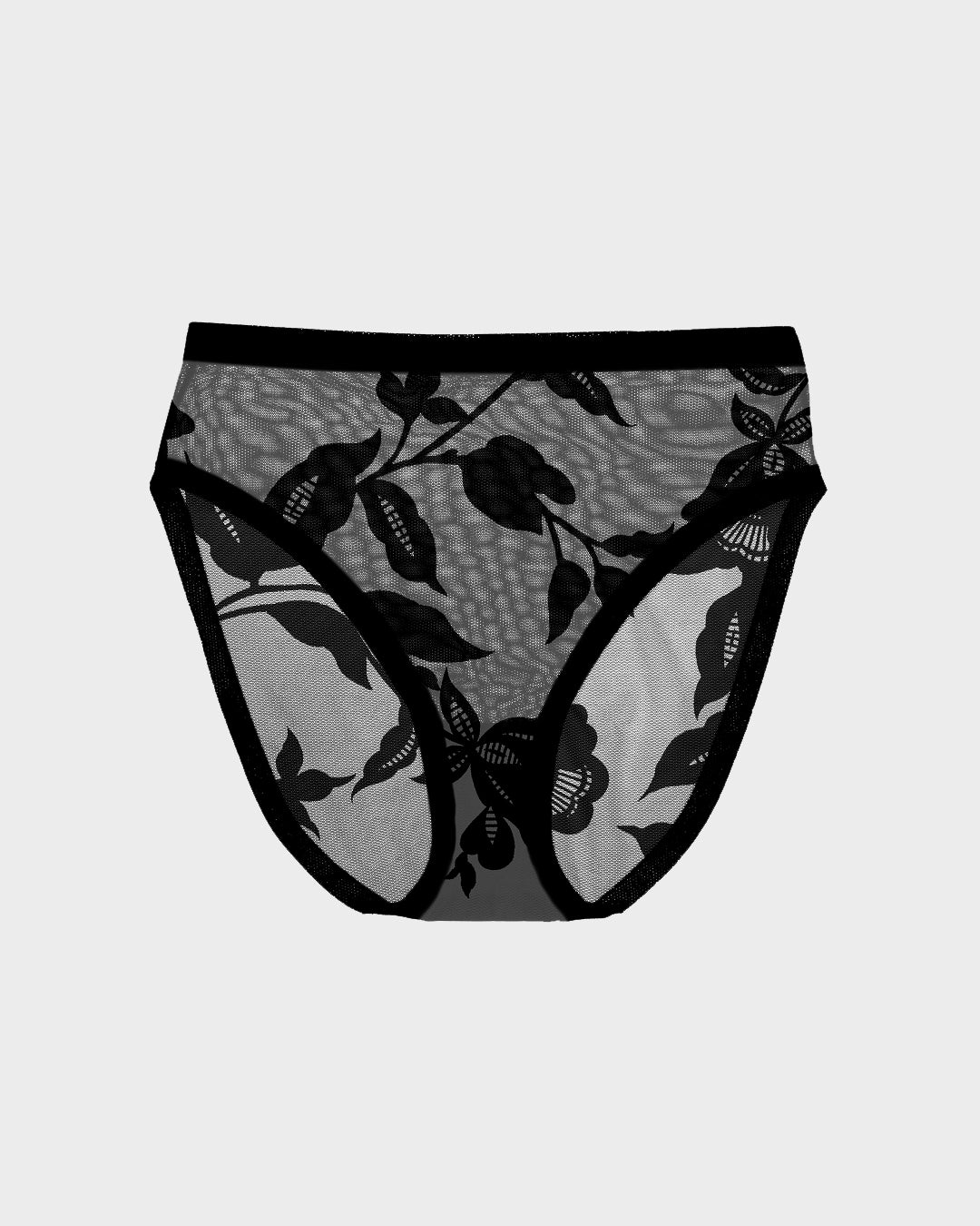Black sheer panties with floral lace detailing and a mid-rise cut for an elegant, breathable design.