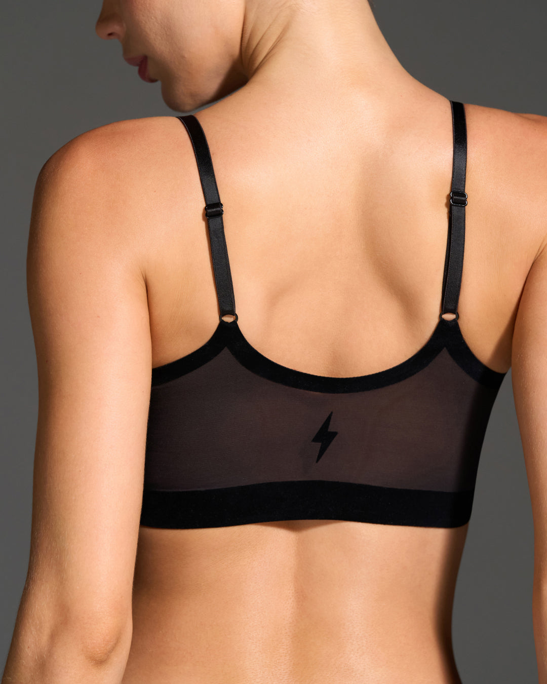 Back view of black support bralette showing the smooth back panel.