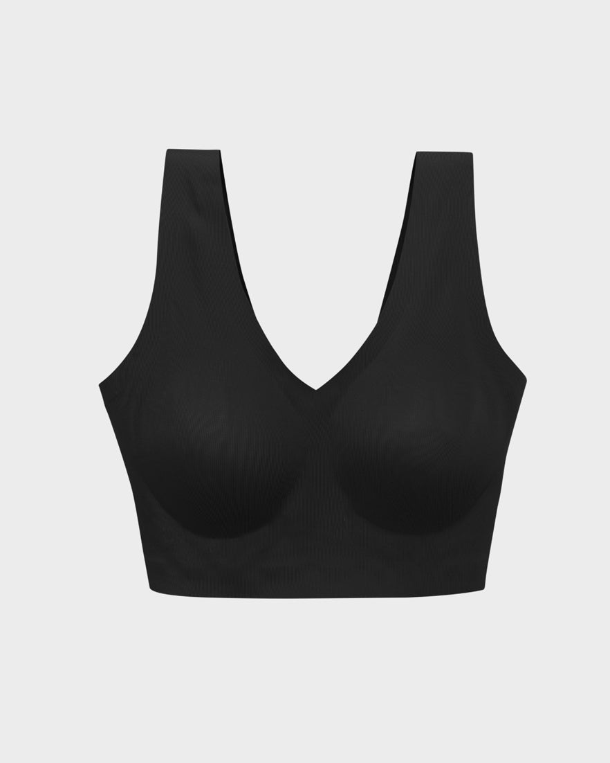 Black wireless bralette with a smooth V-neckline and wide straps.