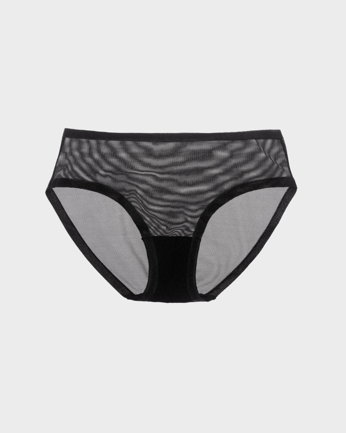 Black sheer mesh bikini panties with a smooth finish.