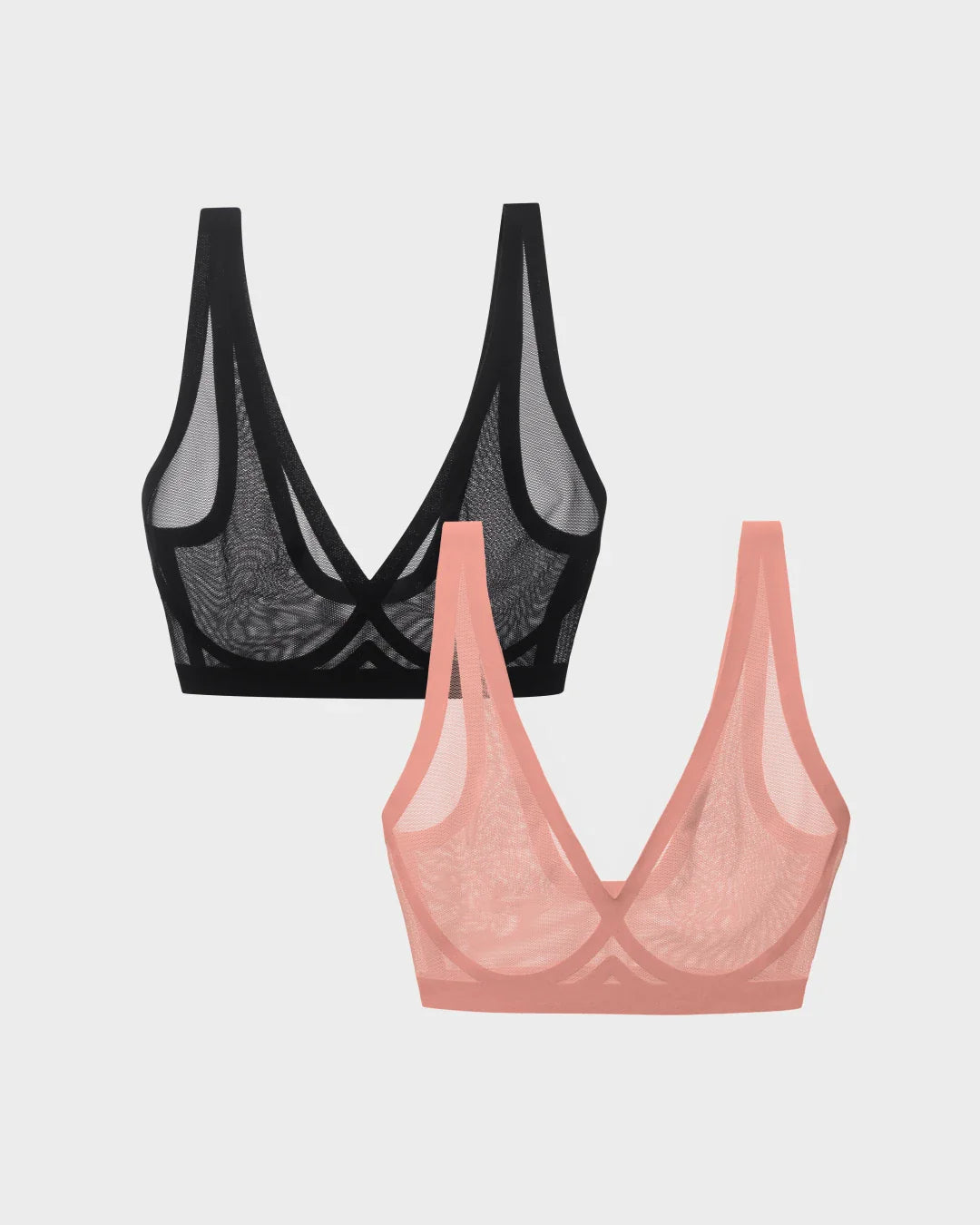 Two of the best sheer bralettes in black and dusty rose, both with deep V-necklines and wide shoulder straps