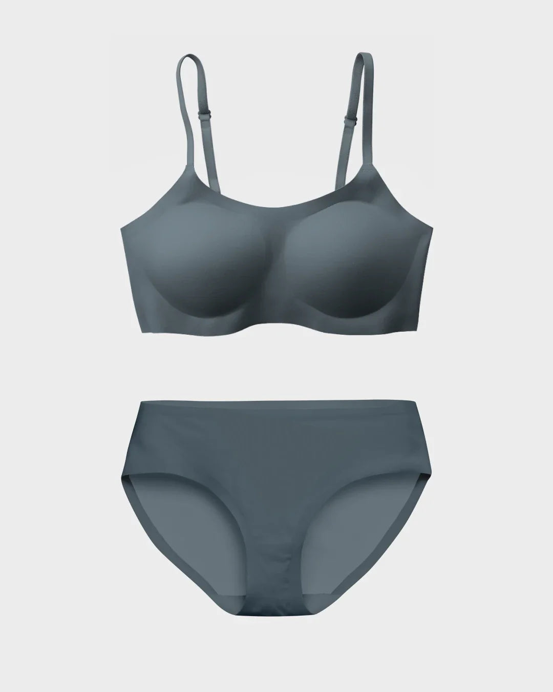 Dark slate support bralette and matching bikini panties set in a flat lay.