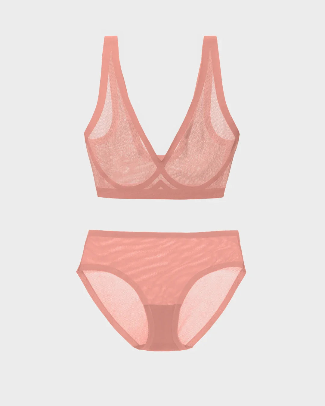 Dusty rose sheer wireless bralette and matching bikini brief set with a deep V-neckline and wide straps