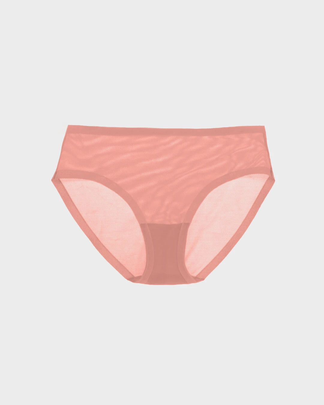 Coral semi-sheer hipster underwear with tonal binding and mesh fabric, product flat view.