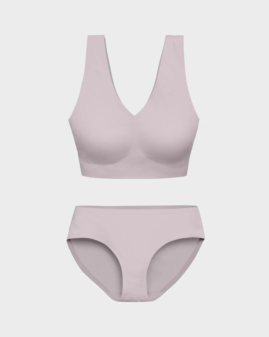 Haze lavender wireless bralette and matching bikini panties set in a flat lay.
