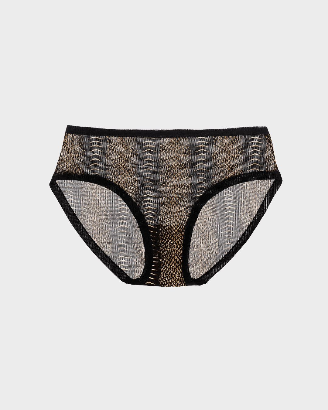 Snake skin sheer panties with black trim and a mid-rise fit for a bold, stylish lingerie look.