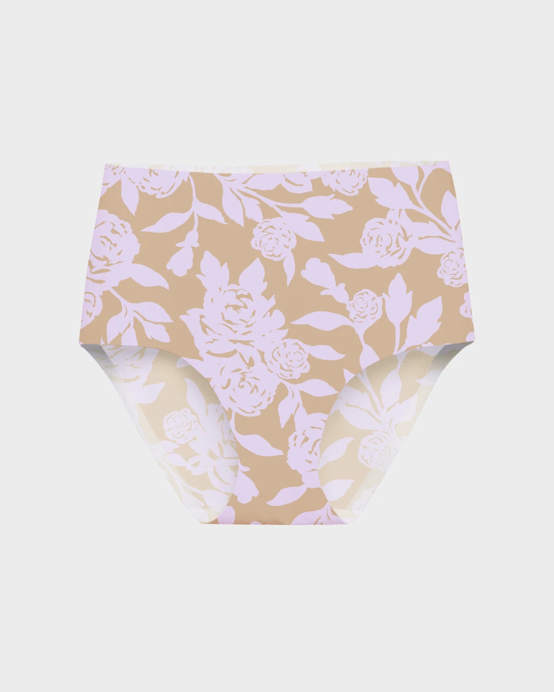 Floral high waisted no show panties featuring a tan base, designed for seamless comfort and a smooth, invisible fit under clothing