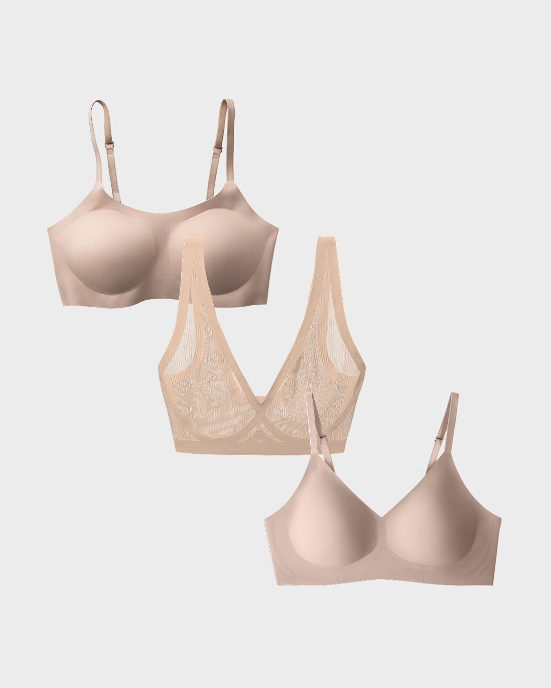 Three nude relief bras on a light gray background