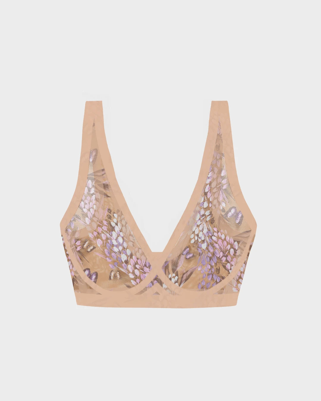 Sheer mesh plunge bralette in lavender wisteria floral print with nude trim and wide straps laid flat on a light gray background.