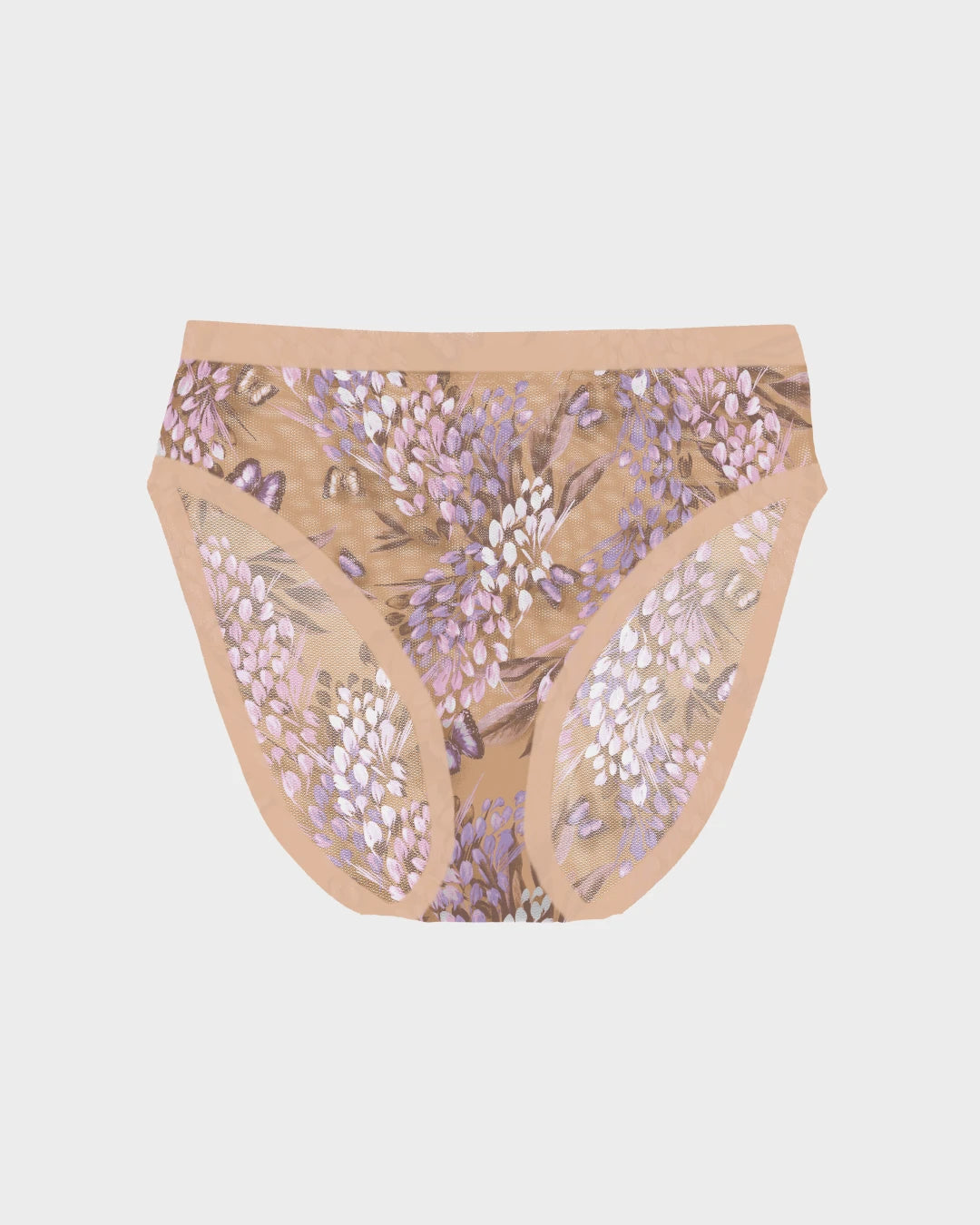 Sheer mesh high-cut bikini brief in a lavender wisteria floral print with nude trim laid flat on a light gray background.