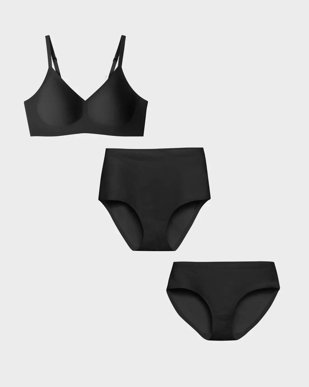 Black wireless bralette with high-waisted and bikini panties.